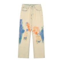 Pantalones vaqueros lisos para hombre y mujer, pantalón informal con diseño de grafiti pintado a mano, rasgado con agujeros, estilo Hip Hop, novedad de 2021