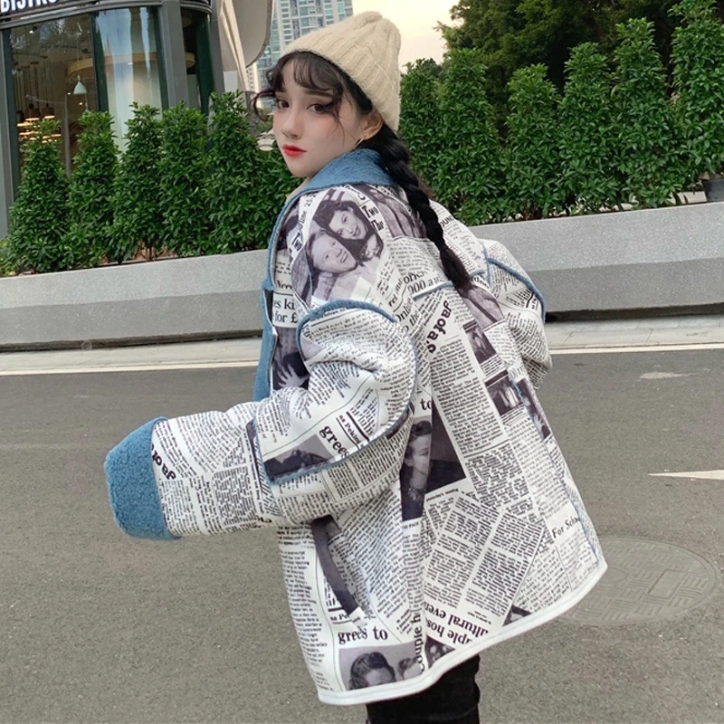 Зима Новое модное корейское пальто из овечьей шерсти с панельным принтом с длинным рукавом утолщенное Длинное свободное Женское пальто размера плюс женское пальто