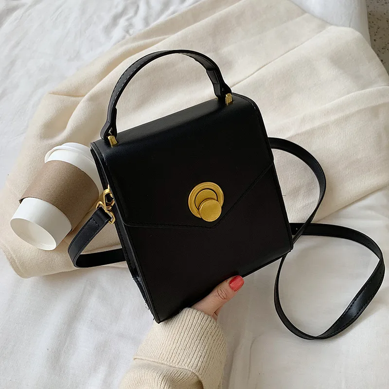

2019 Winter New Style WOMEN'S Bag Retro Solid Color Square Sling Bag Lock Hand Trapezoid Shoulder WOMEN'S Bag