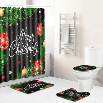 

Christmas Shower Curtain Mat Combination Four-Piece Set Bathroom Toilet Carpet Shower Room Mat Mat Cross-Border Hair