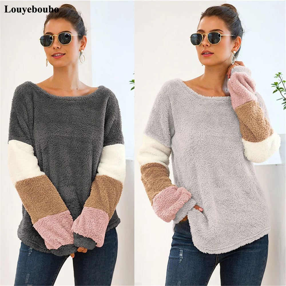 

Women Fashion Loose Fleece Long Sleeve Top Autumn Winter O Neck Fluffy Warm Pullover Jumper Lady Patchwork Sweater Top Outerwear