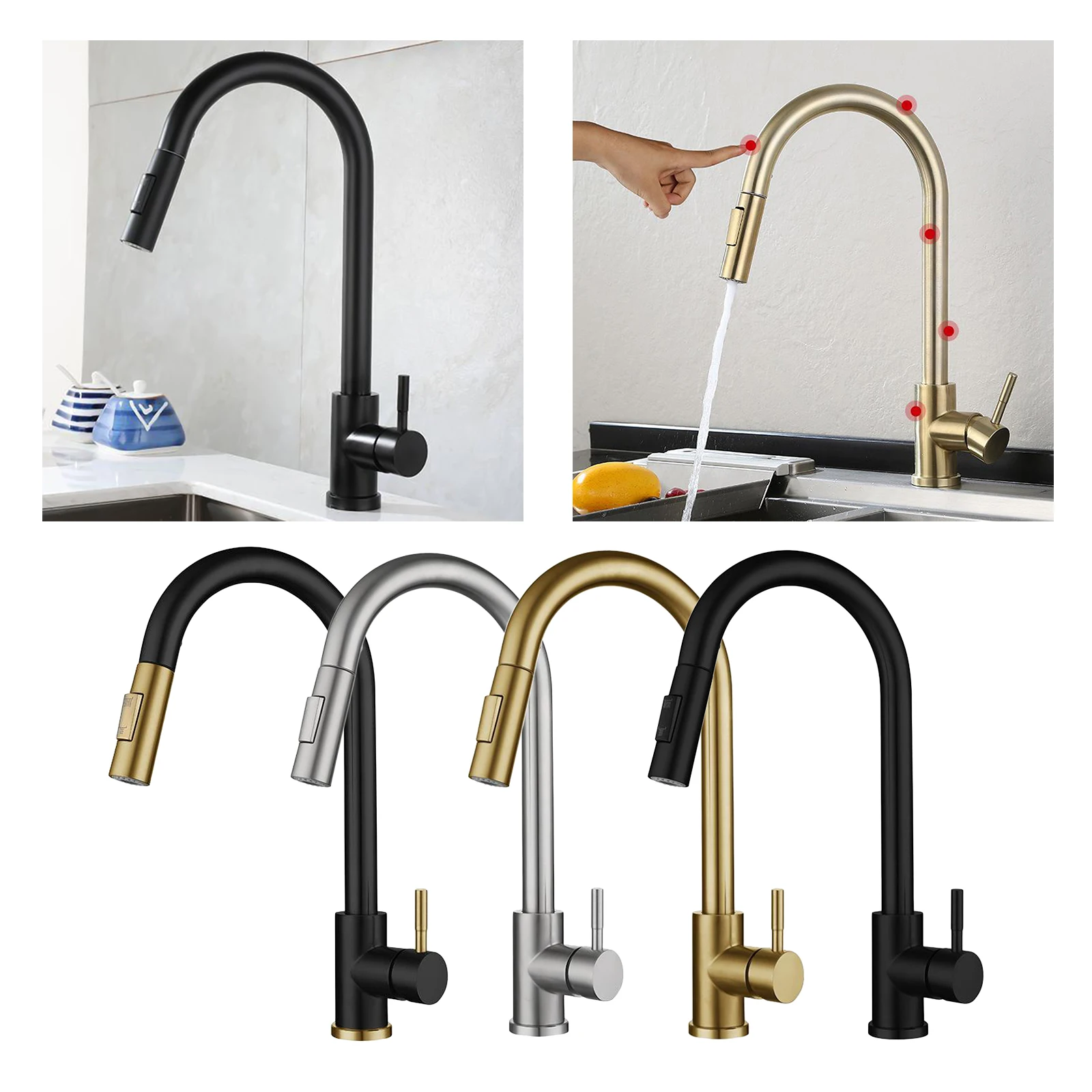 

Touch on Kitchen Faucets with Pull Down Sprayer - Touch Activated Faucet Single Handle Smart Kitchen Sink Faucets