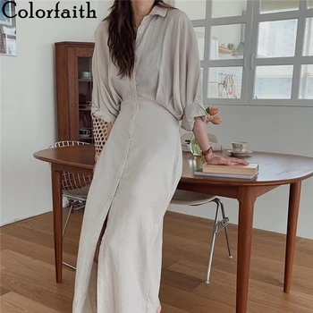 

Colorfaith New 2020 Women's Summer Shirt Dresses High Waist Bat Sleeve Casual Oversize Single Breasted Lace Up Long Dress DR931