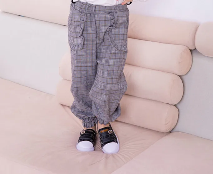 New Style Girls British Style Plaid Korean-style Frilled Closing Foot Elastic Casual Trousers Slim-Fit Pants Y0079