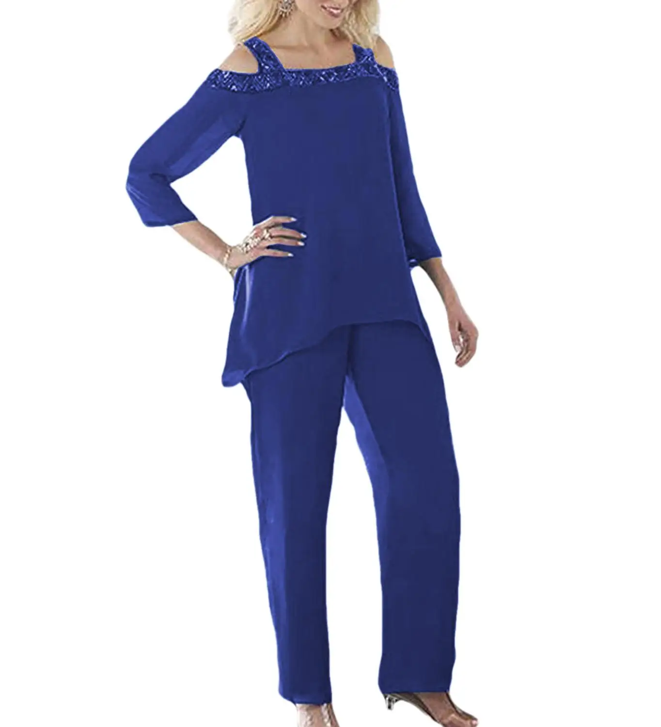 Royal Blue Платье для матери невесты, костюм со штанами из 2 предметов, украшенный кристаллами и бусинами, сексуальная мода для свадьбы, жениха, 3/4 рукава, красные румяна - Цвет: Royal Blue