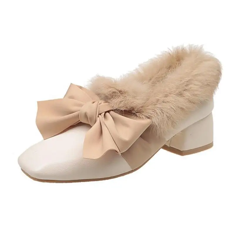 

Женские меховые лоферы на толстом каблуке, без застежки, с бантом