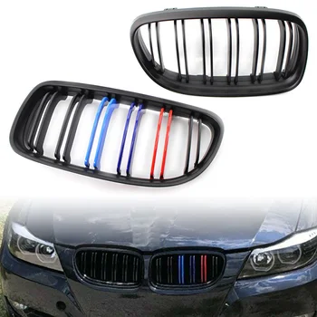 

2Pcs Car M-Color Front Kidney Grille For 2009 2010 2011 2012 BMW E90 E91 LCI 328i 335i Matte Black ABS Double Lines Grill