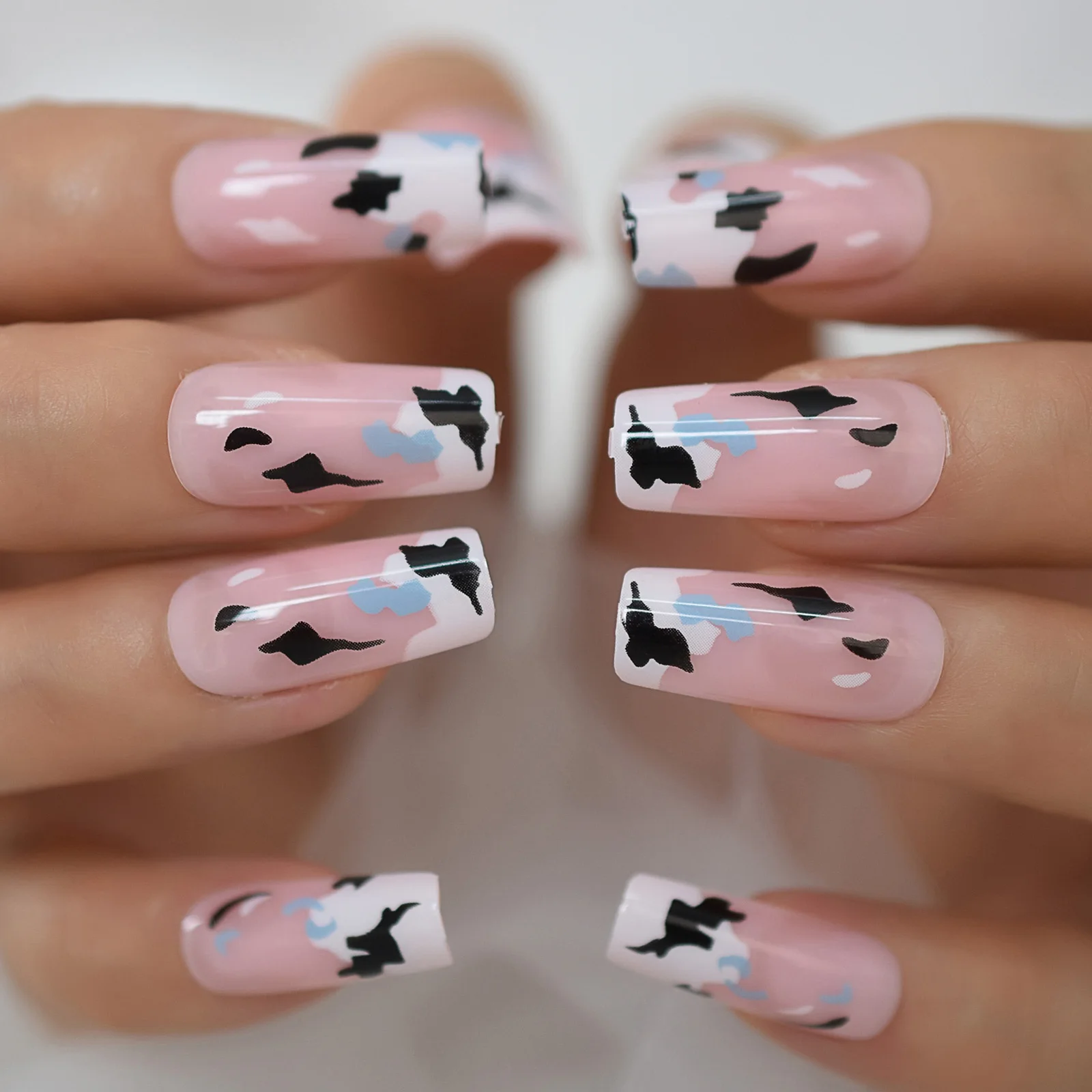 Fake Nails Designs Press On Nails Pink Square Medium Length Cow Pattern  Full Cover Nail Nagel Tips For Women Girls - False Nails - AliExpress
