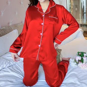 

2020 2PCS Pajamas Sets Women Lapel Imitation Silk Long Sleeve Home Wear Ladies Mujer Sexy Satin Tops+Pants Nightgown Sleepwear