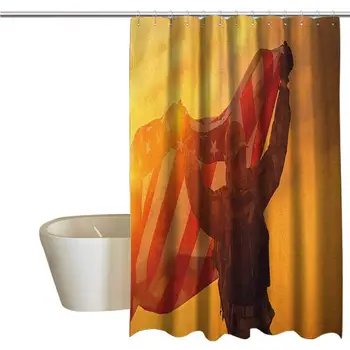 

United States Shower Window Curtain Waterproof Service Man Celebrating Victory with Large American Flag Patriotic Image Bathroom