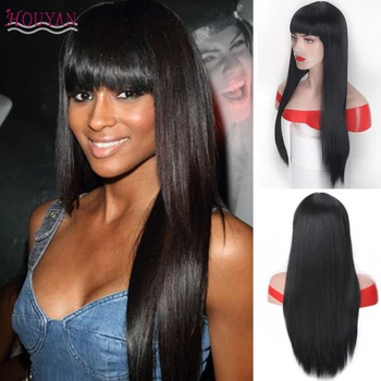 

HOUYAN Blonde Long Straight Wig With Bangs for Women Synthetic Hair Wigs With Bang Black Brown Heat Resistant Fiber