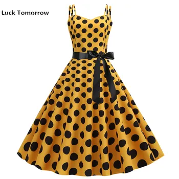 

Summer Women Hepburn Dresses Yellow Retro Robe Vintage Dresses 50s 60s Rockabilly Pin Up Polka Dot Swing Dress Vestidos