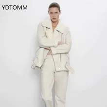 

Winter Warm PU Faux Leather Jacket Women Thick Zipper Pockets Streetwear Coat Ladies Long Sleeve Turn-down Collar White Outwear