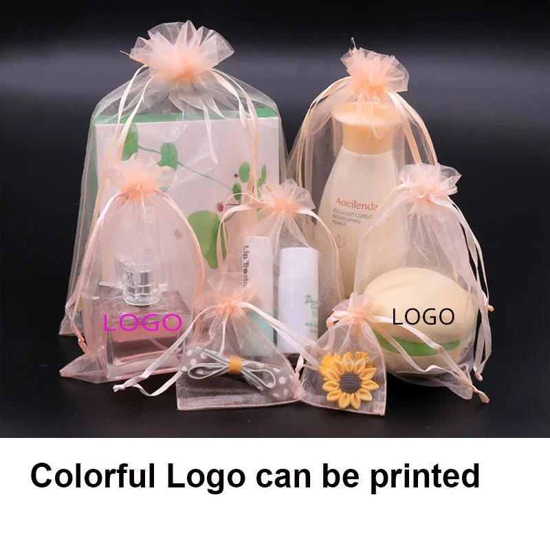 100pcs customized logo Champagne color printing Drawstring Organza Gift Bags small Pouches Jewelry Packaging makeup bag