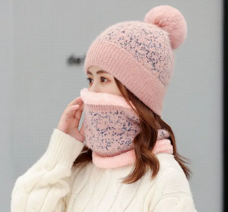 Jacquard weave knitted hat scarf set women warm winter beanie sweet hat school hat