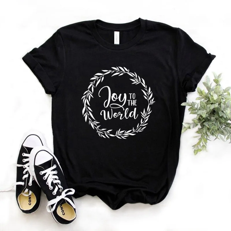 Женская футболка с принтом Joy To The World свободная коротким рукавом и круглым