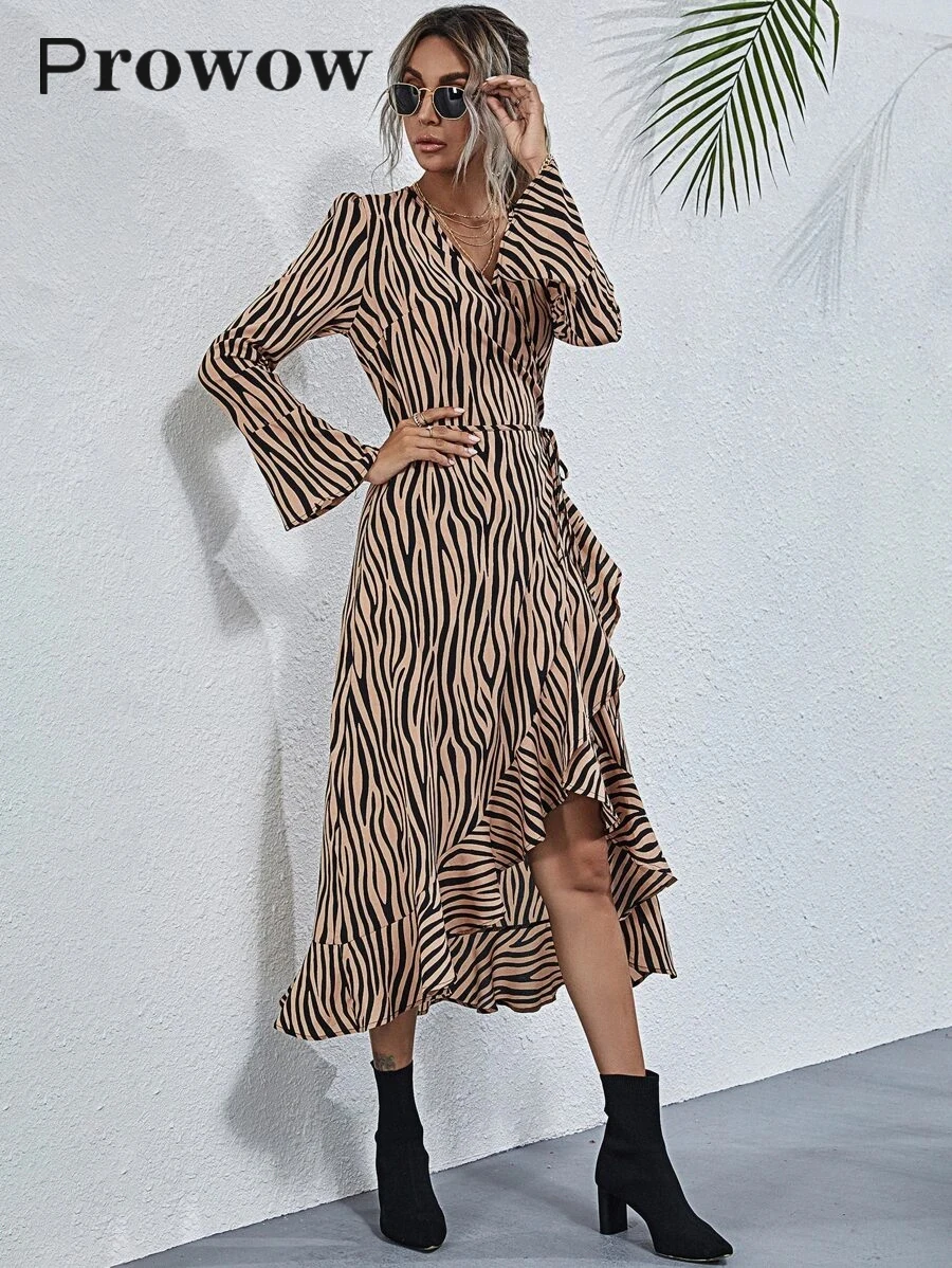 

Prowow hot autumn new Sexy Deep V Neck Lady Dress elegant long sleeve leopard dress women Irregular female dresses