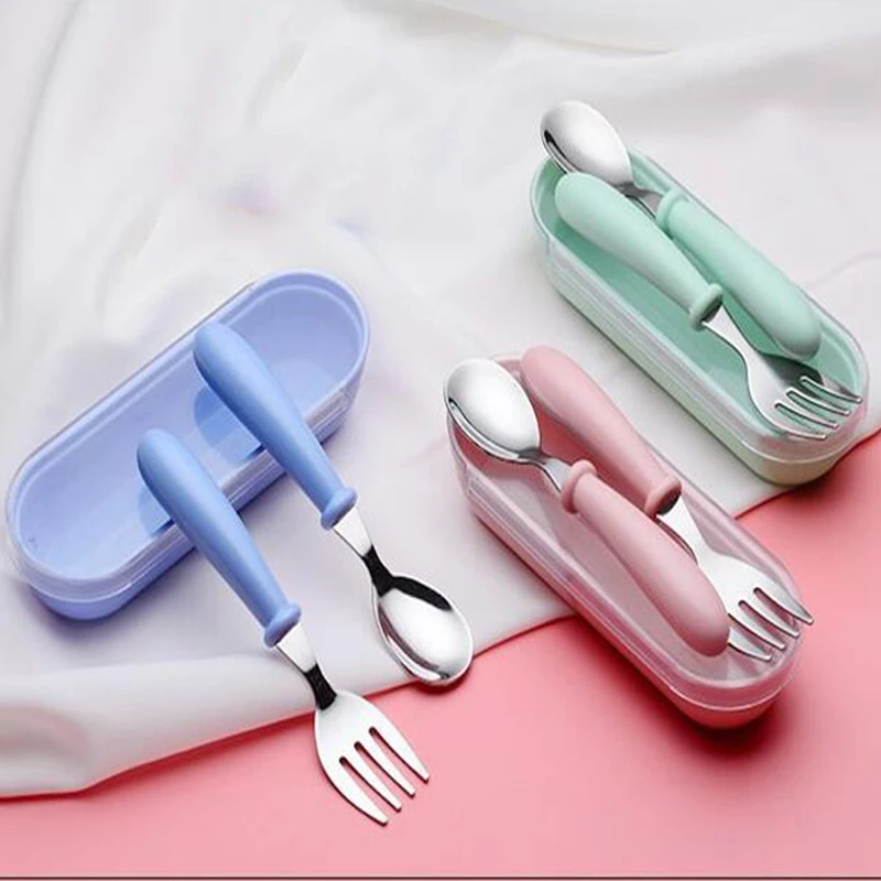 Baby Gadgets Tableware Set Children Utensil Stainless Steel Toddler Dinnerware Cutlery Cartoon Infant Food Feeding Spoon Fork baby feeding spoon