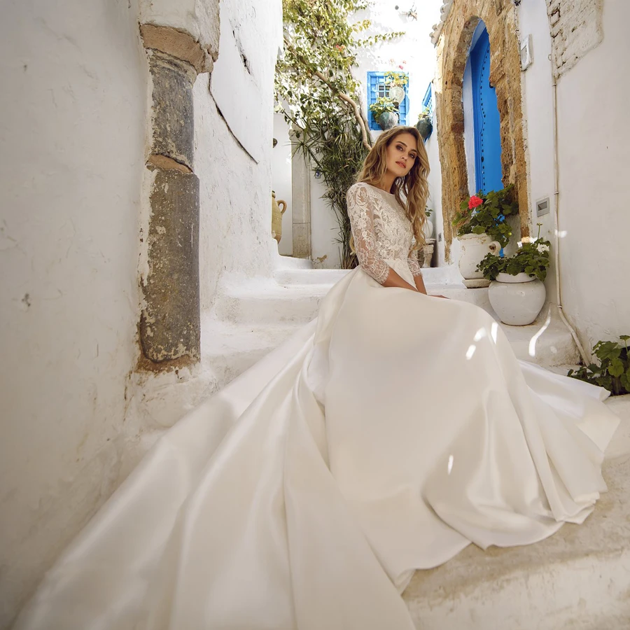 Элегантные свадебные платья Robe De Mariee, вырез лодочкой, рукав три четверти, Кружевная аппликация, а-силуэт, свадебное платье для невесты