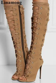 

Fashion Newest Size Cross-tied Over The Knee Women Boots Sexy Thin High Heel And Peep Toe Spring And Autumn Women Shoes