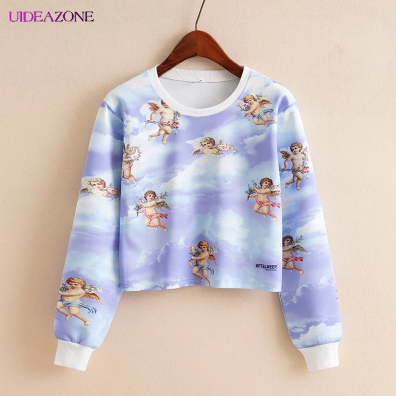  UIDEAZONE Fashion Angel Cupid Print Cropped Hoodies 2019 Autumn Long Sleeve O-Neck Loose Sweatshirt