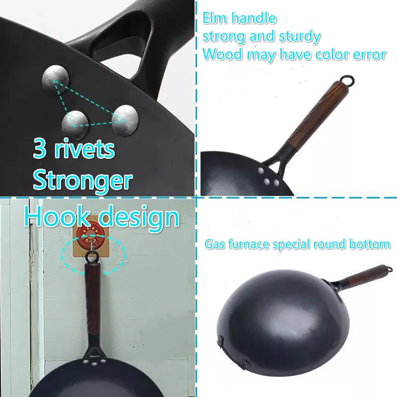 Gas Cooker Wooden Handle Pure Iron Pan Stainless Steel No Coating Non-stick Wok Hand Forging Iron Pan Chinese Style Iron Pot