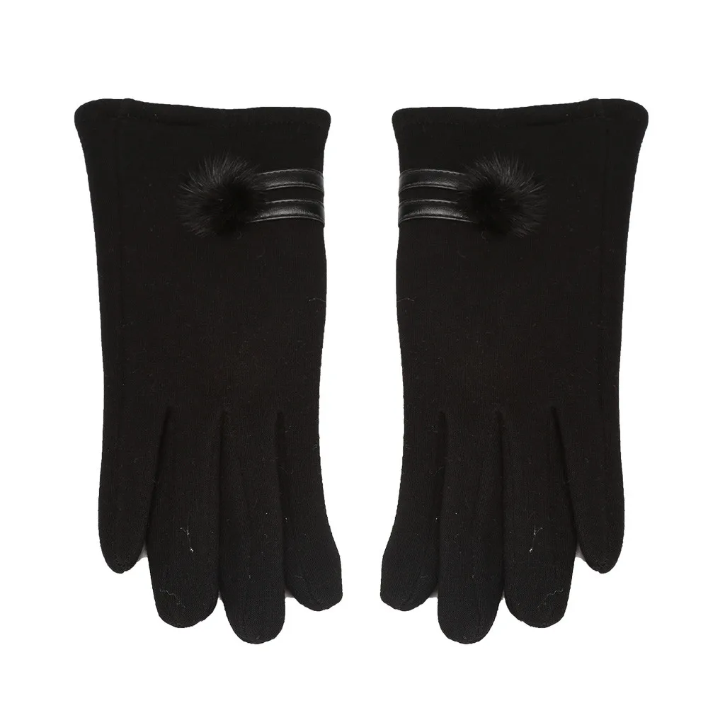 Зимние перчатки для женщин, теплые, с сенсорным экраном, маленькие меховые шарики, Элегантные Перчатки, для езды на велосипеде, для езды на велосипеде, роскошный подарок для женщин, guantes - Цвет: Black