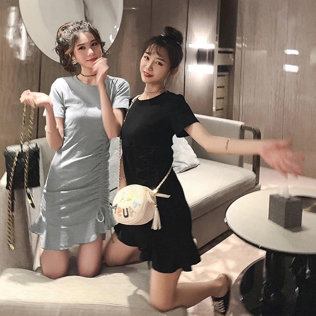 Jaycosin Fashion Summer Casual O-Neck Short Sleeve Elegant Women Summer Long Dress Ladies Slim Thin Solid Ruffles Knee Dress 319