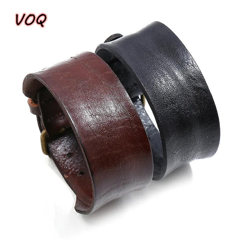 VOQ Vintage Single Layer Cowhide Leather Wide Wristband Adjustable Cuff Bangles for Men Women Friendship Bracelets pulseras leather bracelet
