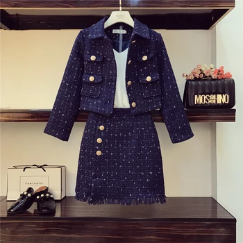 

Navy Blue Tweed Jacket + Pencil Skirt Suit Autumn Winter Women's Short Jacket Coat Golden Button Tassels Tweed Two Piece Set