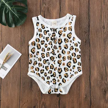 

CANIS Baby Girls' Leopard Pattern Print Sleeveless Button Bodysuit Newborn Fashion Ruffled Jumpsuit