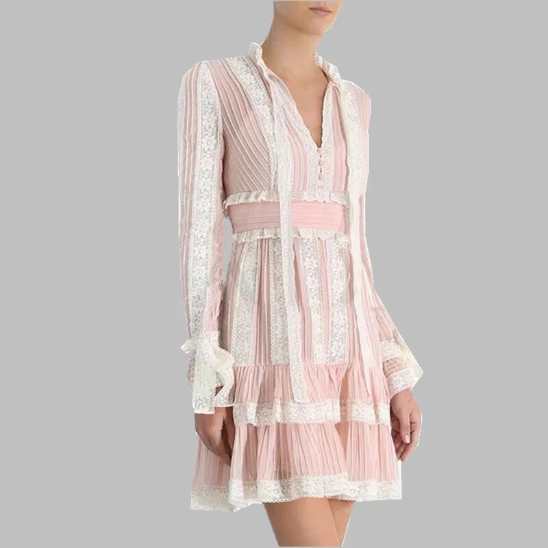 Smthma осенне-зимнее модное Розовое Кружевное лоскутное платье для женщин с v-образным вырезом и расклешенными рукавами с высокой талией, подиумные платья - Цвет: Photo Color