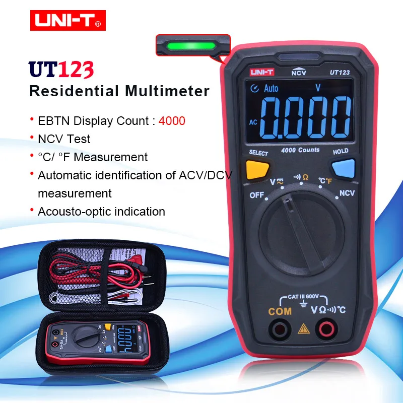 Günstig UNI T UT123 Digital Multimeter Tasche Größe Wohn multimeter AC DC spannung Widerstand temperatur NCV Tester EBTN display