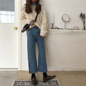 

New Autumn High Street Jeans Simple Fashion Empire Zipper Fly Female Denim Straight Loose Ankle Length Plus Pants