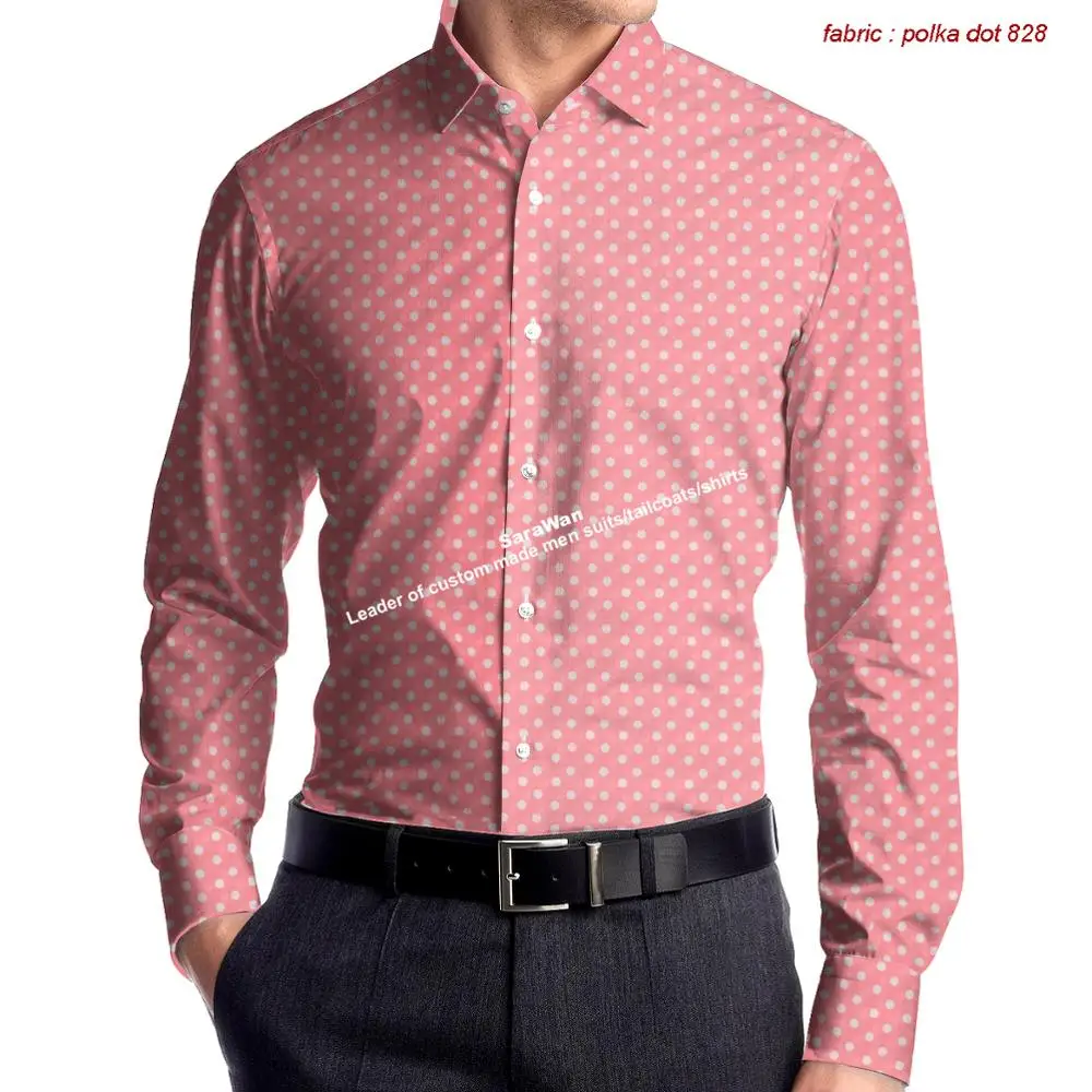 Design Pink Polka Dot Dress Shirt Custom Made 100% Cotton Polka Dot Men Dres Shirt Tailored Mens Dress Shirts Dotted Mens Shirt