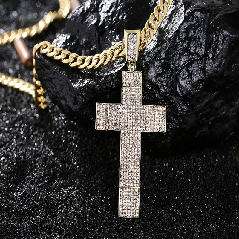 Bling двойная широкая граница крест ожерелье мужское Iced Out Длинные кубинские звенья Подвески на цепочках амулеты из цинкового сплава хип хоп ювелирные изделия