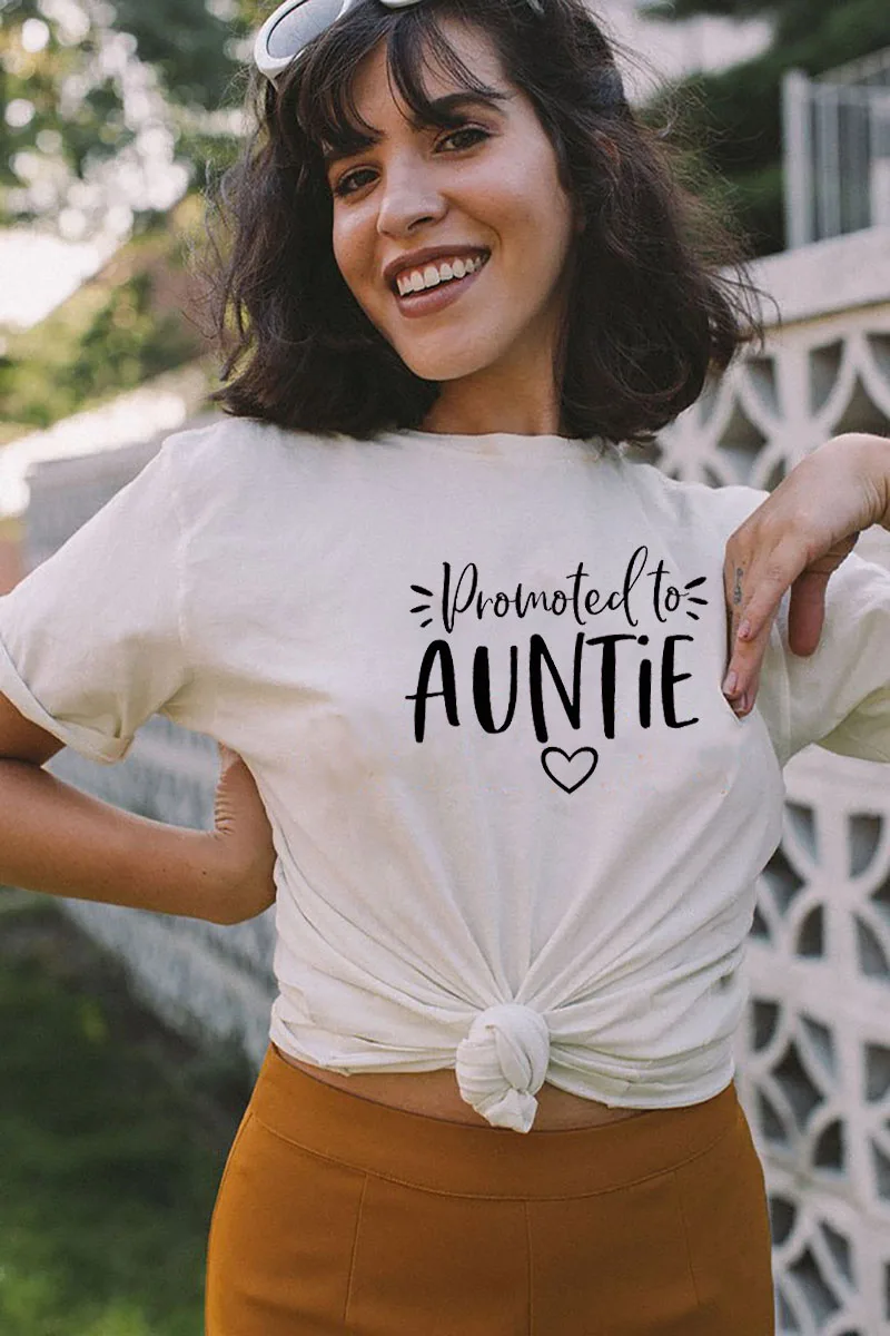 

Promoted to Auntie Women's Short Sleeve Tops Tee Summer Funny Casual 100% CottonT-Shirt New Aunt Tees Aunt to be Tee Sister Gift