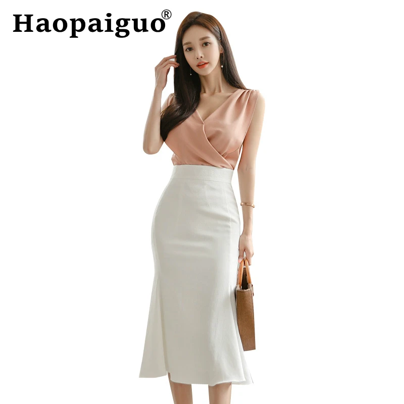 

Women's Summer Office Work OL Two Piece Set Pink Sleeveless Blouse and White Bodycon Wrap Skrit Women Casual Two Piece Set Large