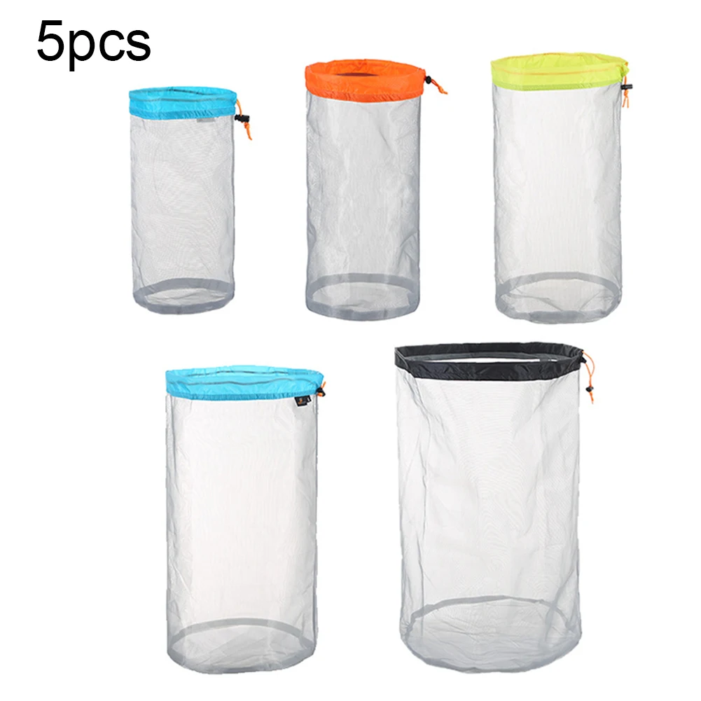 

5pcs/set Outdoor Ultralight Towel Transparent Packs Mesh Storage Bag Drawstring Reusable Organizer Stuff Sacks Travel Beach Toys