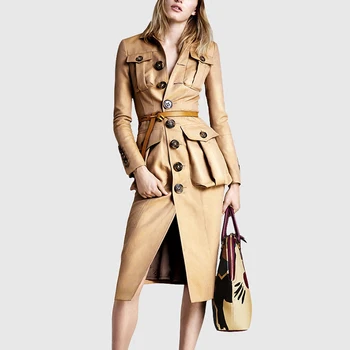 

PU Leather Women Windbreaker Lapel Collar Long Sleeve High Waist Trench Coats Women 2019 Fashion Autumn New