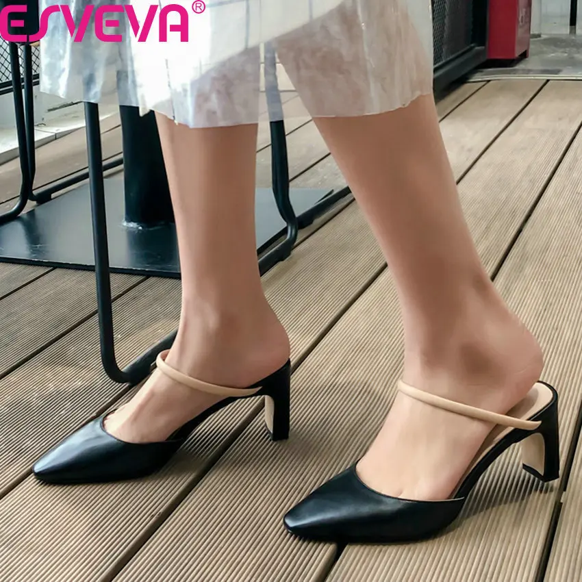 

ESVEVA 2020 Square Toe Slip on Concise Ladies Shoes Cow Leather Slingback Women Pumps Summer Square High Heel Sandals Size 34-40