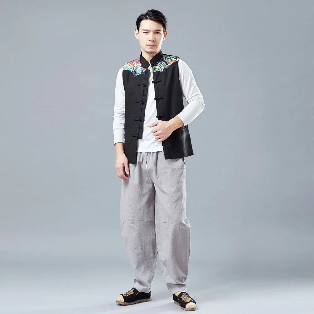 LZJN 2019 Men's Summer Waistcoat Chinese Style Print Patchwork Linen Button Down Kung Fu Shirt Sleeveless Vest Jacket (6)
