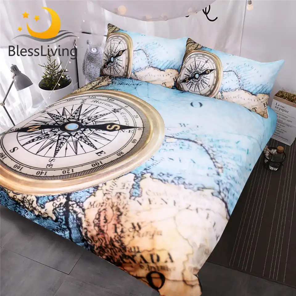 Blessliving World Map Bedding Set 3d Compass Printed Duvet Cover