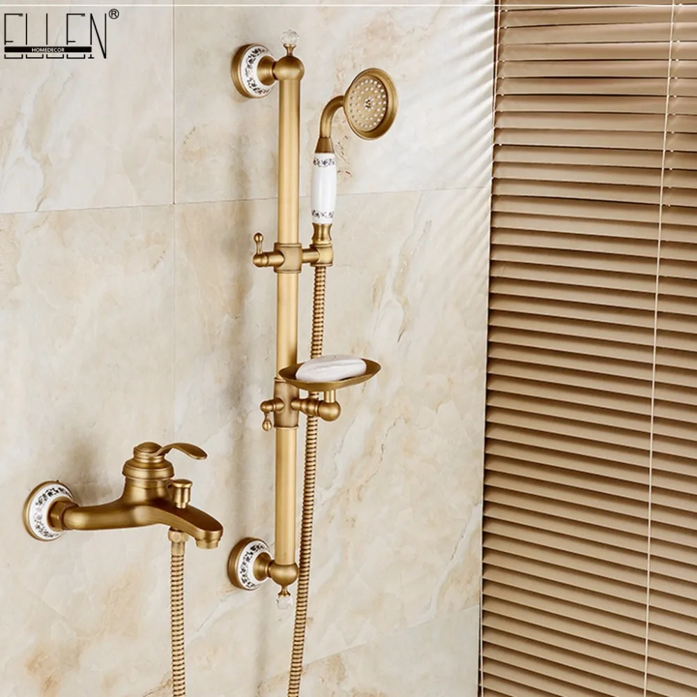 Vidric Classic Antique Bronze Bath Shower Faucet With Sliding Bar with Soap Holder Bathroom Rainfall Shower Faucet Set EL8325