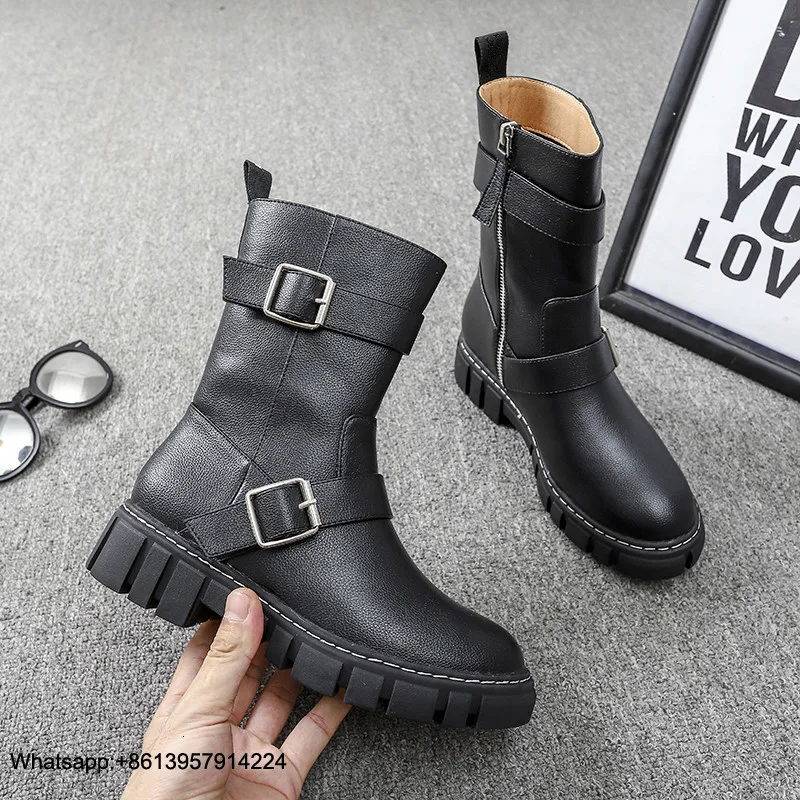 Ботинки; кожаная женская обувь; модные ботинки на молнии с пряжкой; chaussures femme; зимняя женская обувь с круглым носком; обувь на среднем каблуке