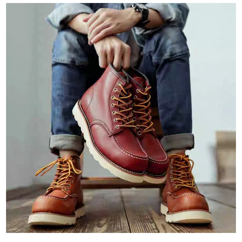 Men Boots Tooling Red Wings Male Motorcycle Boot Cow Genuine Leather Round Toe Men Casual Vintage Style Ankle Boots Botas Hombre