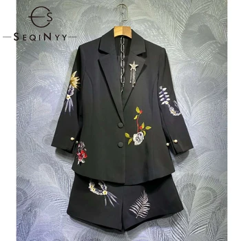 

SEQINYY Black Suit Autumn Spring 2020 New Fashion Design Women Runway Brooch Blazer + Shorts Embroidery Flowers Office Lady