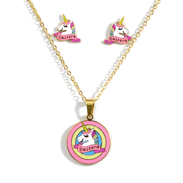 Cute Pink Horse Unicorn Design Enamel Stainless Steel Gold Color Necklaces earring Set Fashion Jewelry Kids Gift