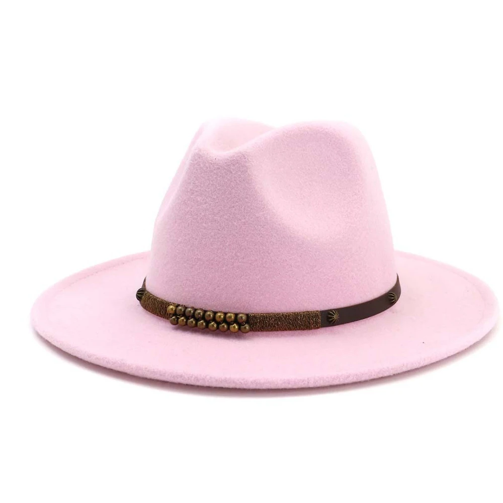 Men Women Fedora Hat With Belt Wide Brim Hat Ladies Winter Hat Pop Jazz Hat - Цвет: Pink