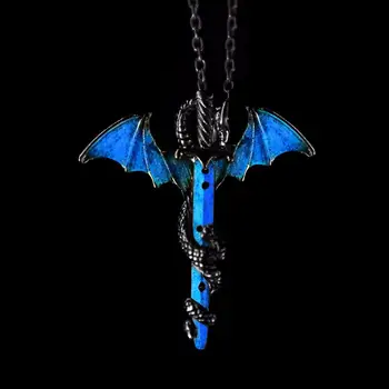 

Vintage Glow in the Dark Sword Dragon Pendant Necklace For Mens Punk Luminous Dragon Long Chain Necklace Women Hip Hop Jewelry